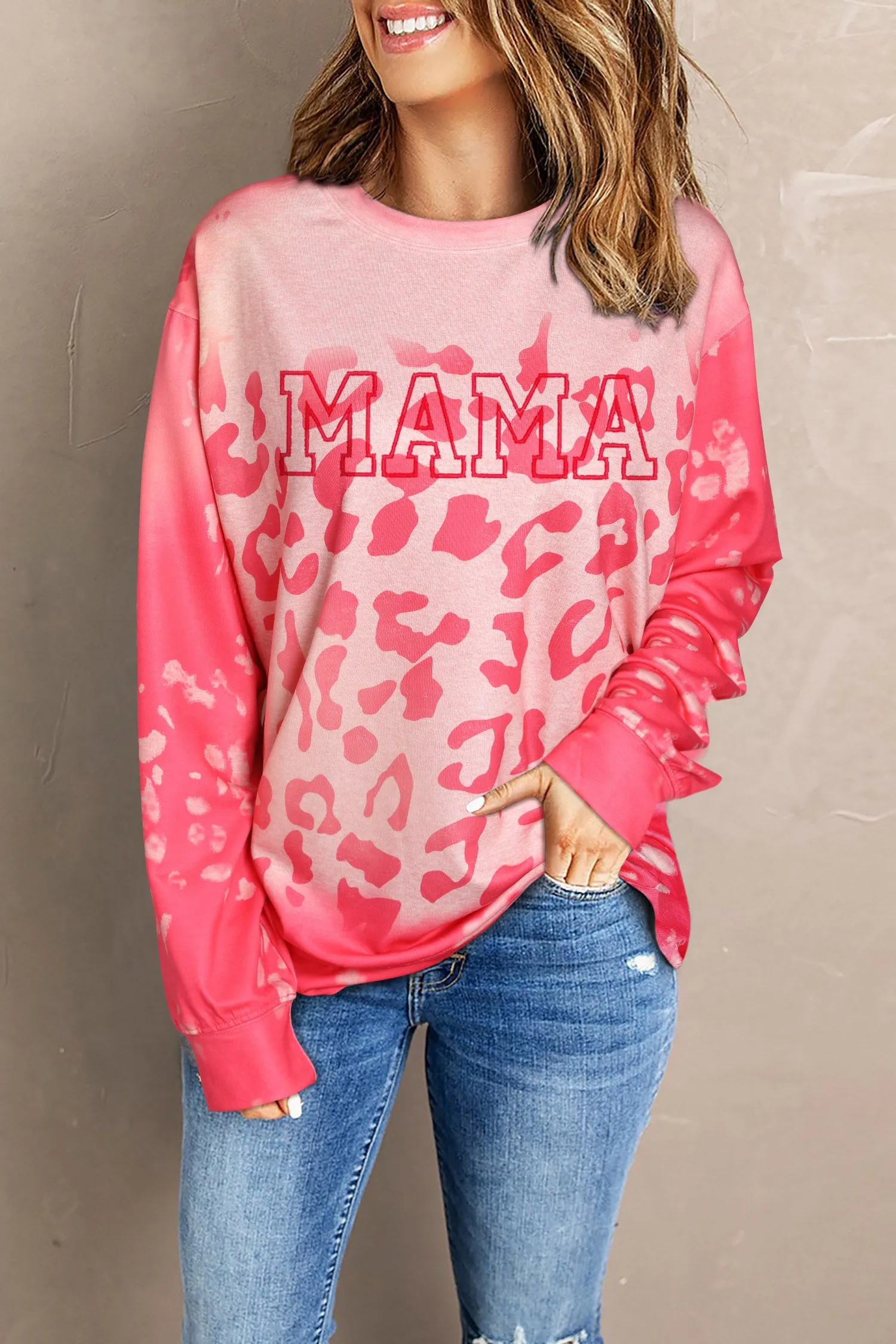 Women Pink MAMA Leopard Print Crew Neck Pullover Sweatshirt