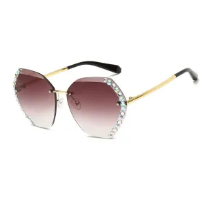 Women Vintage Oversized Rimless Rhinestone Square Design Sunglasses