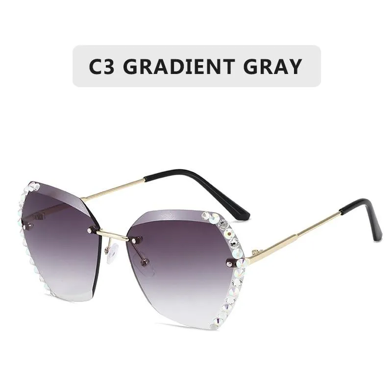 Women Vintage Oversized Rimless Rhinestone Square Design Sunglasses