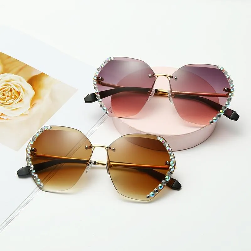 Women Vintage Oversized Rimless Rhinestone Square Design Sunglasses