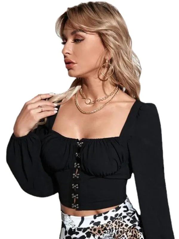 Women's bubble sleeve collar buckle long sleeve top