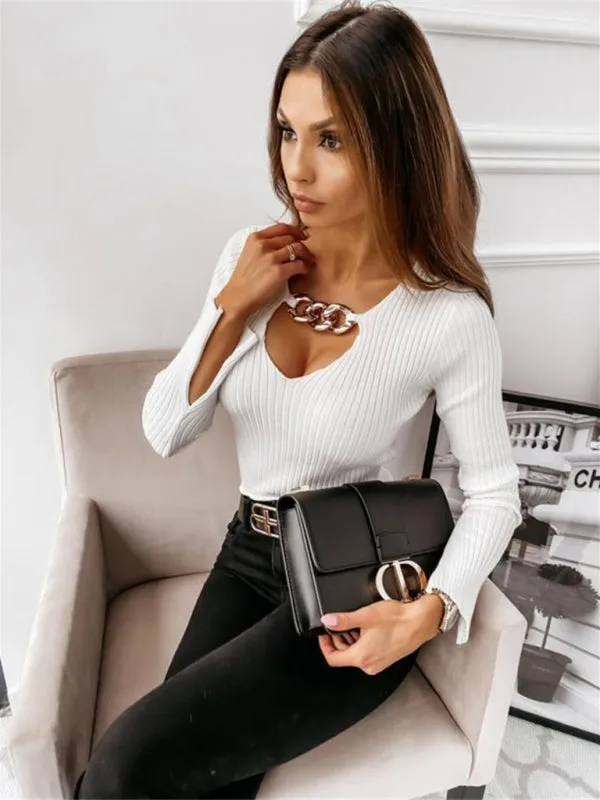 Women's Long Sleeve Solid Color Chain Cut-out Knit Top