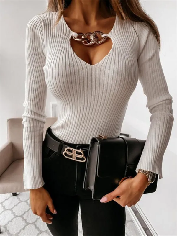 Women's Long Sleeve Solid Color Chain Cut-out Knit Top