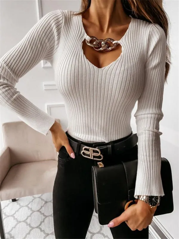 Women's Long Sleeve Solid Color Chain Cut-out Knit Top